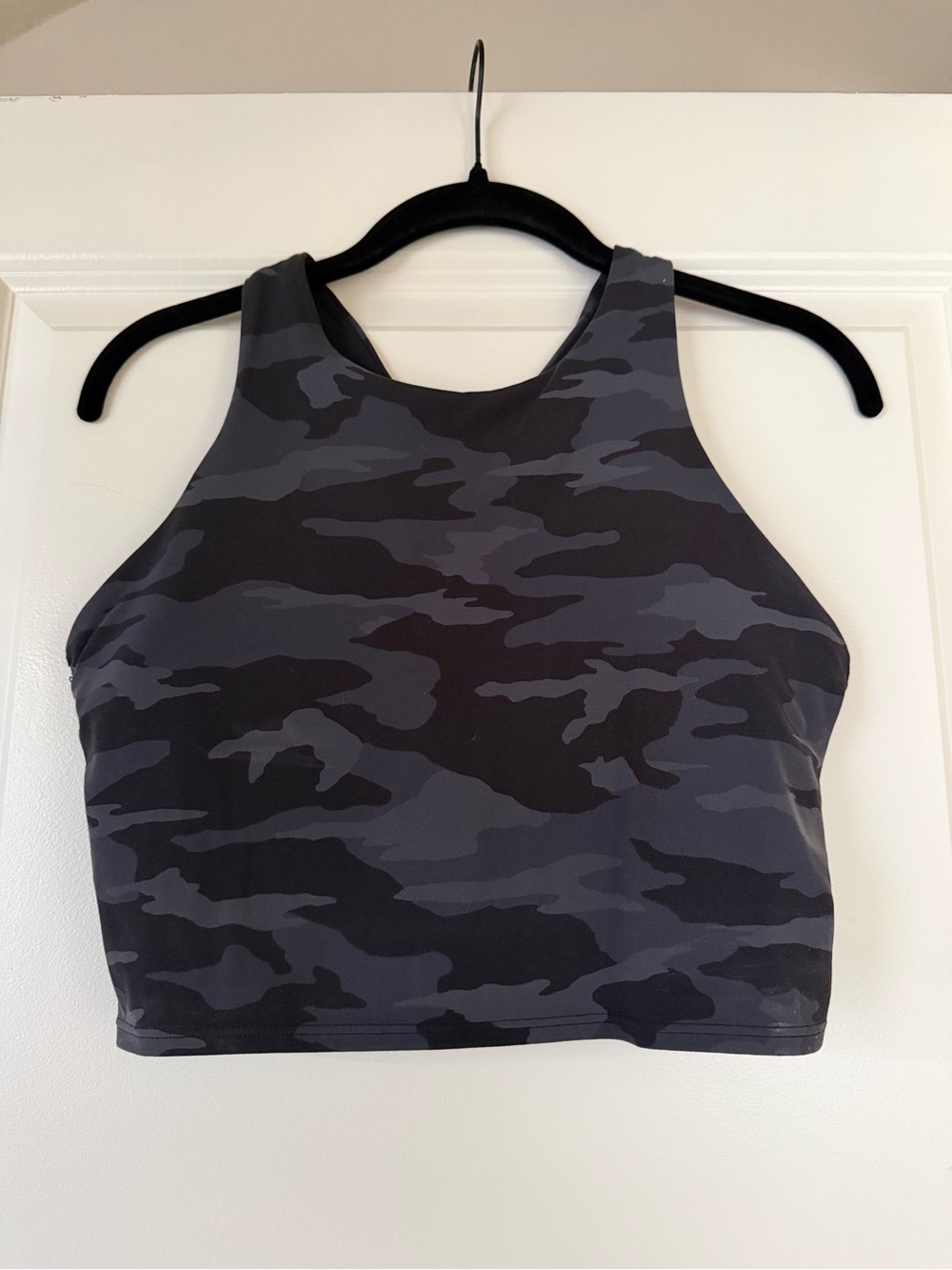Athleta Black & Gray Camo High-Neck Crop Top